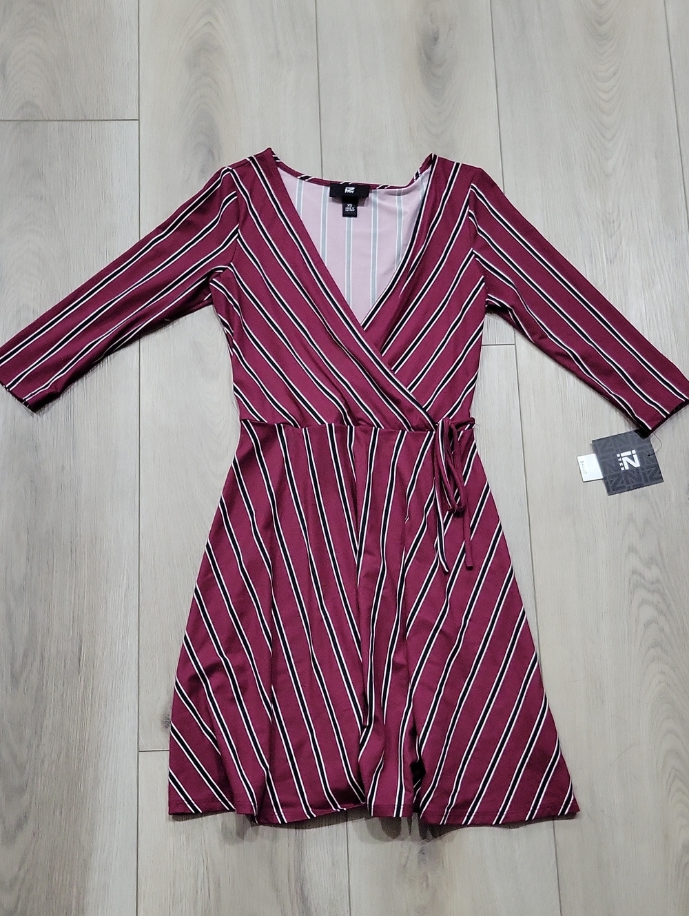 Iz Byer Burgundy Striped Wrap-Style Long Sleeve Dress